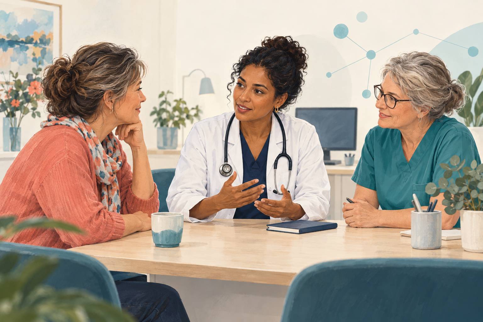 Eine Hausärztin spricht mit einer Patientin in der Lebensmitte; eine erfahrene Praxisassistentin ist am Gespräch beteiligt.