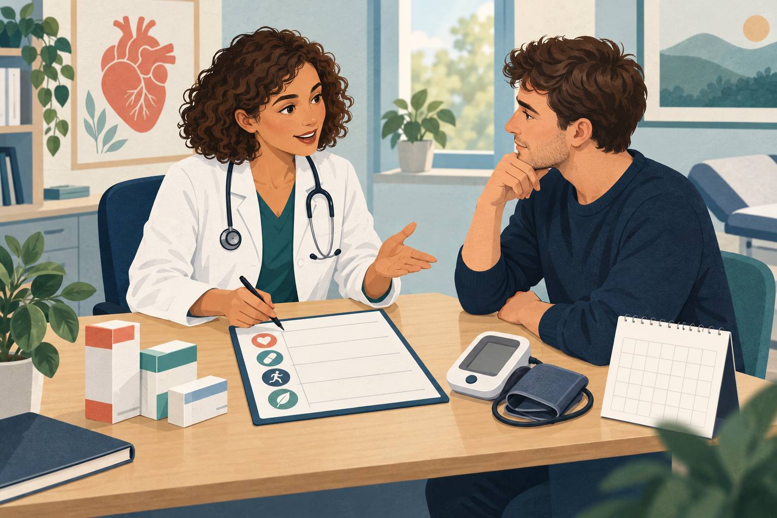 Eine Hausärztin bespricht mit einem jungen Patienten einen Versorgungsplan; auf dem Tisch liegen ein Blutdruckmessgerät, Medikamentenpackungen und ein Kalender.