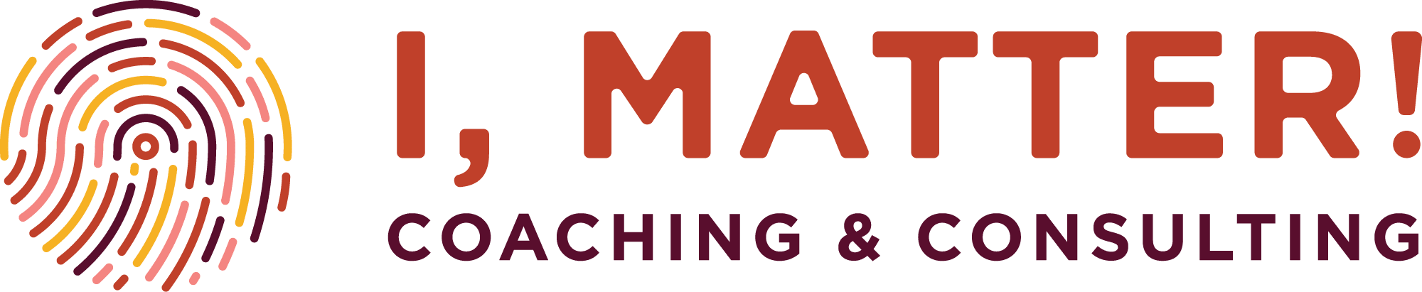 A multi-colored orange, dark brown, pink and yellow fingerprint image sits to the left of the phrase I, Matter! Coaching & Consulting