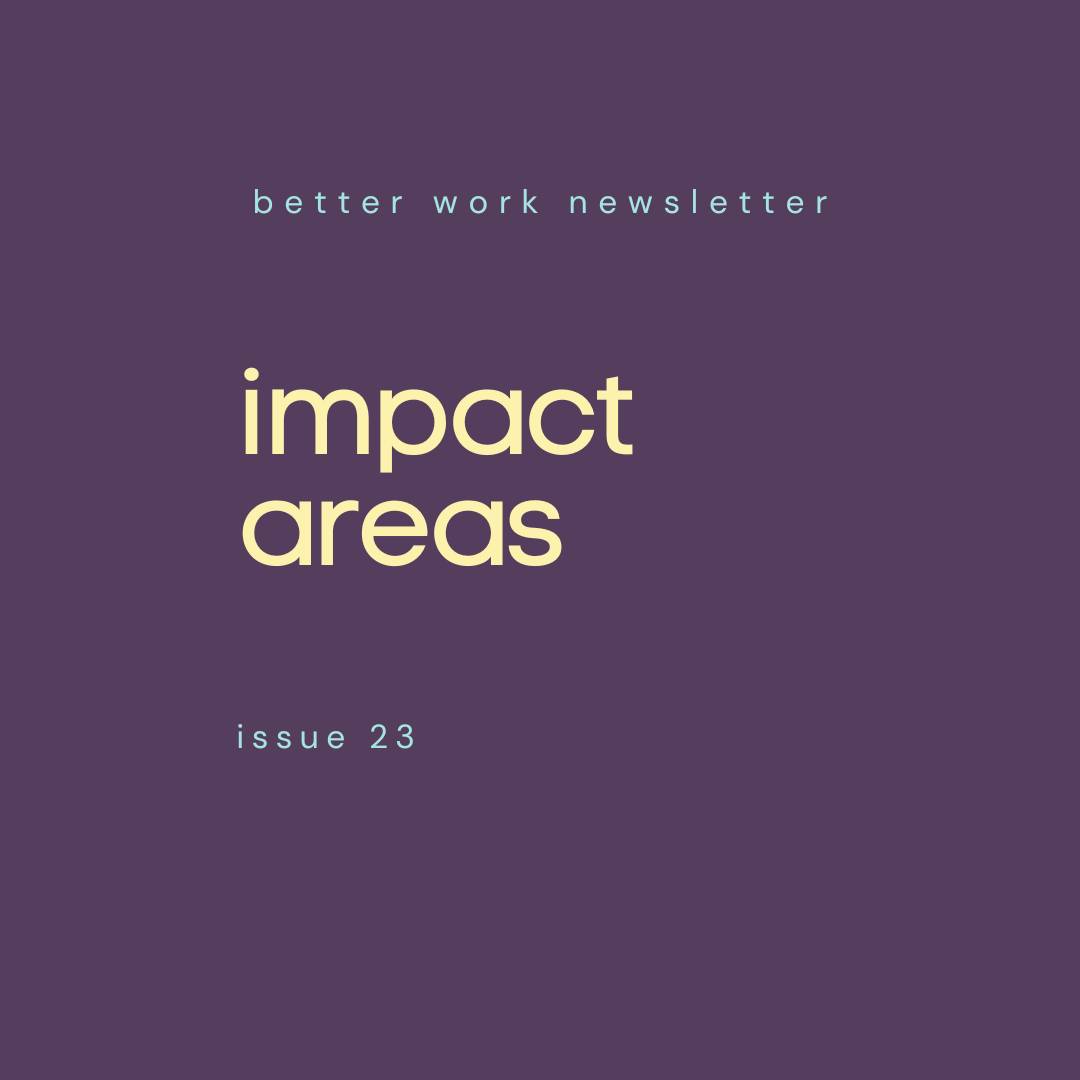 Newsletter cover with "better work newsletter" in light blue at top, "impact areas" in large cream text in center, and "issue 23" in light blue at bottom, all on a deep purple background.