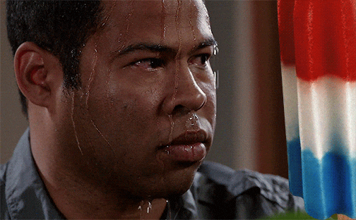 Jordan Peele in a sketch for the TV show Key & Peele. He is sweating profusely, so much so it's pouring off him like hose water.