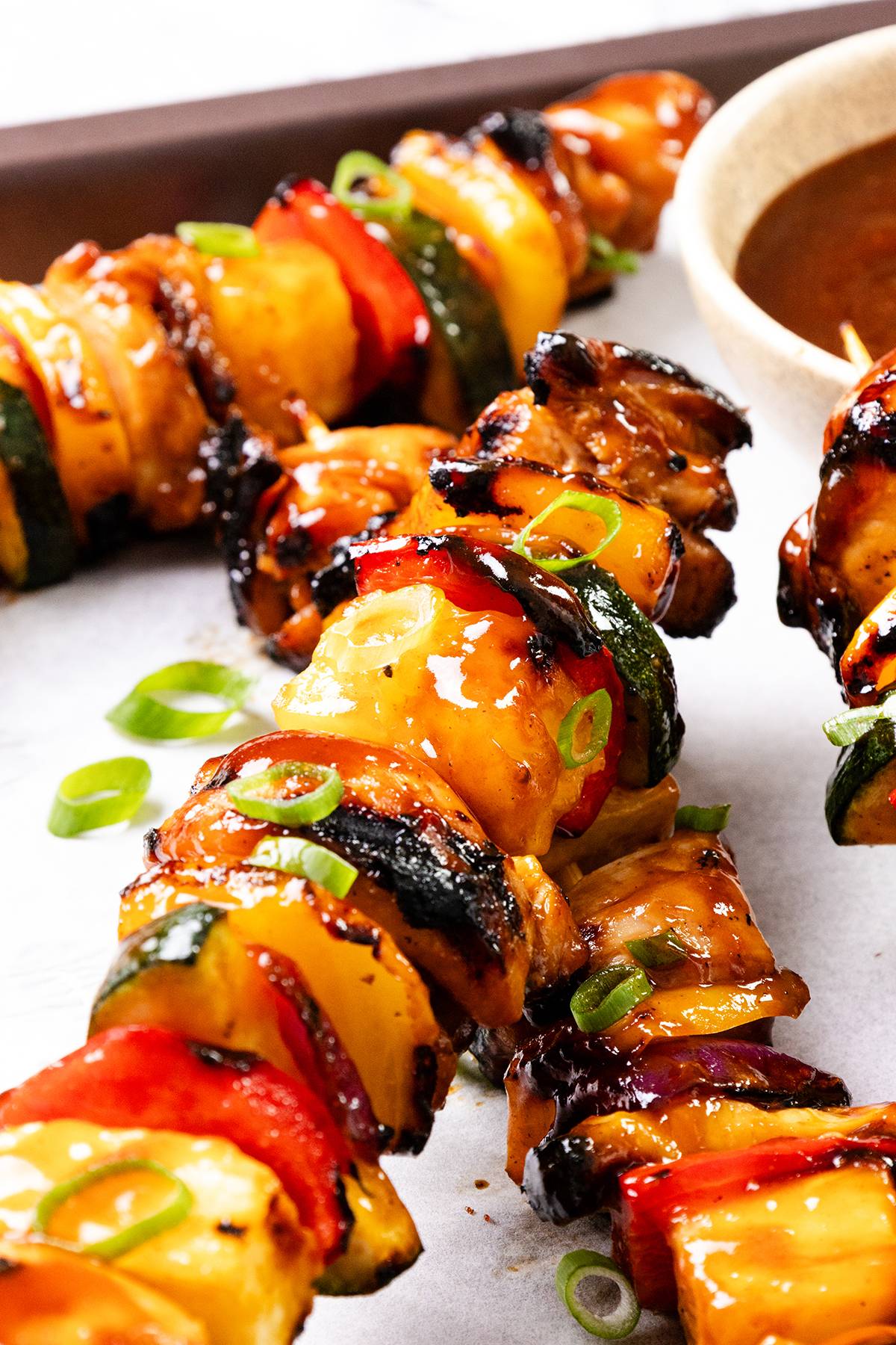 barbecue chicken pineapple and veggie skewers