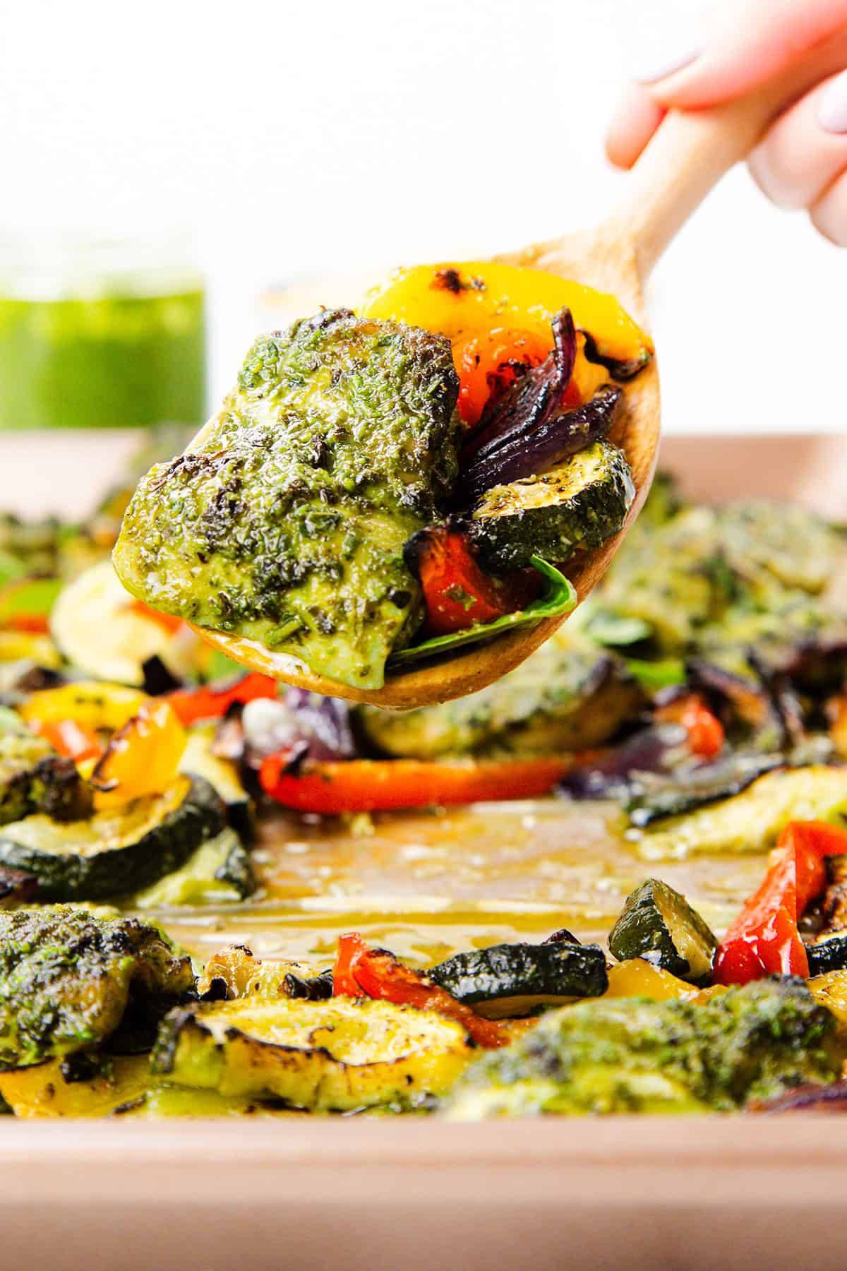 pesto sheet pan chicken with veggies
