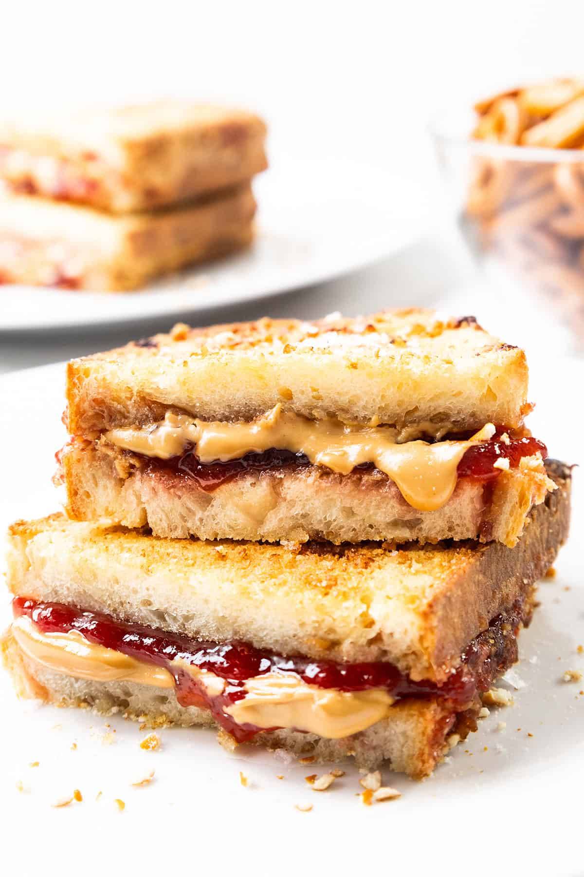 grilled peanut butter and jelly with pretzels