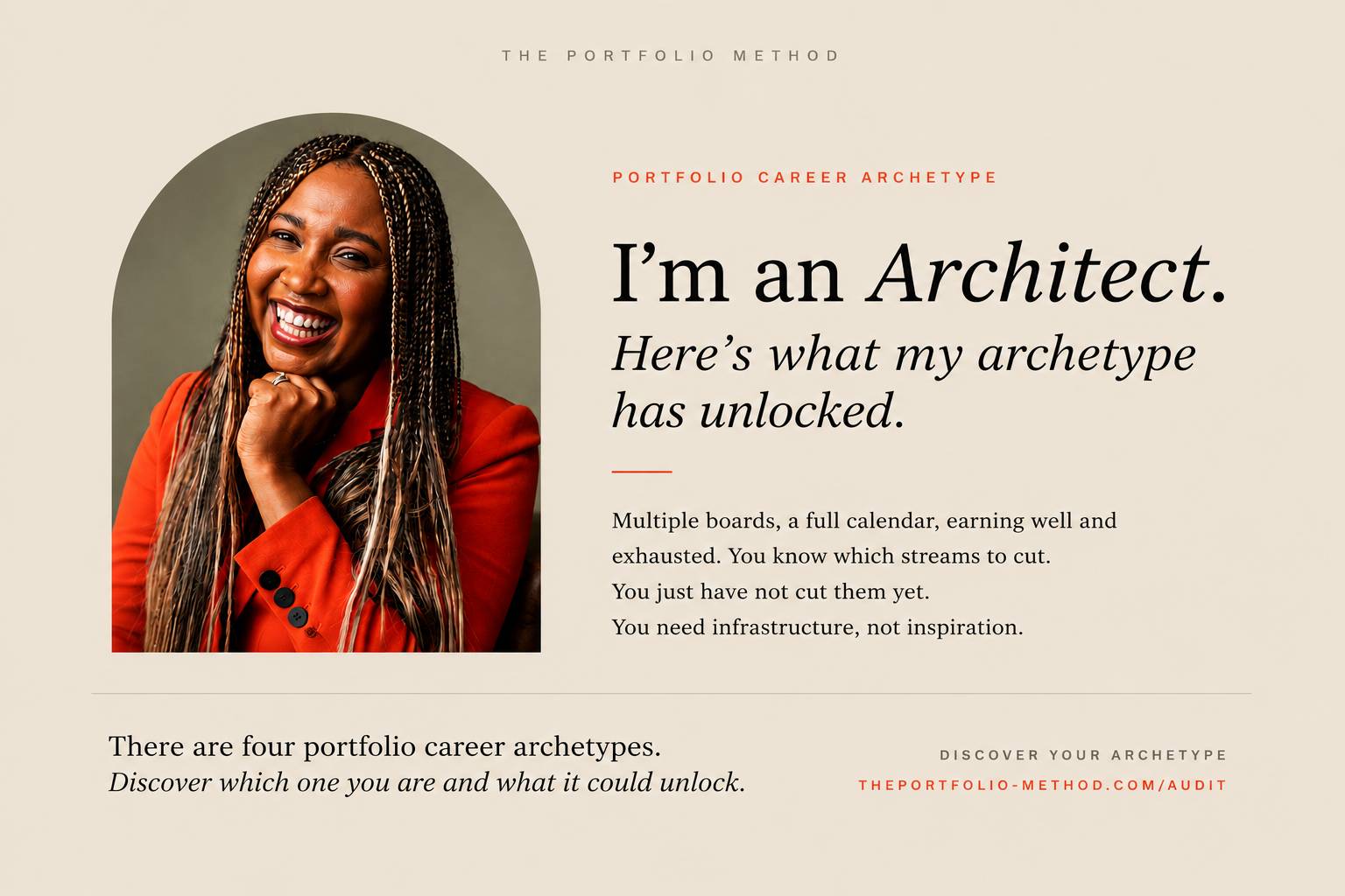 June Angelides MBE, founder of The Portfolio Method, smiling in a red blazer. Text reads: I'm an Architect. Here's what my archetype has unlocked. Multiple boards, a full calendar, earning well and exhausted. You know which streams to cut. You just have n