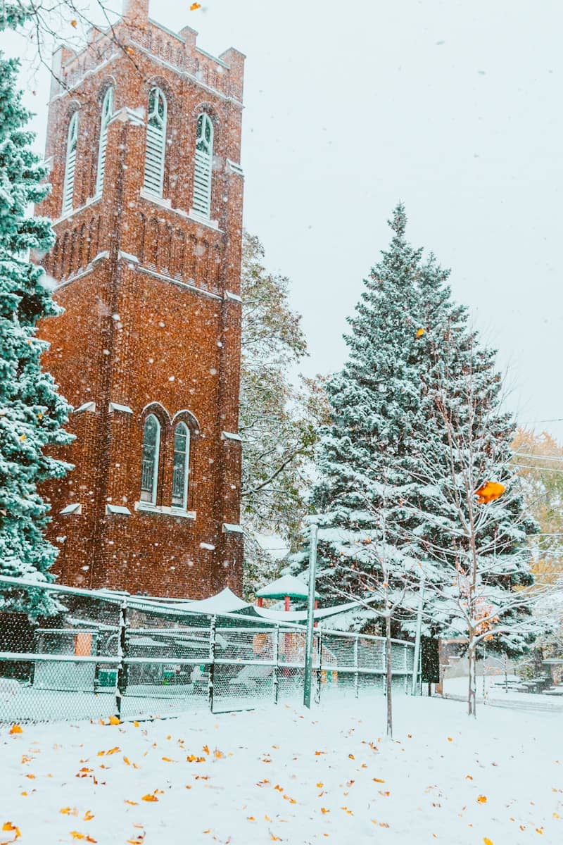 Brick tower and snow-covered trees in winter.
