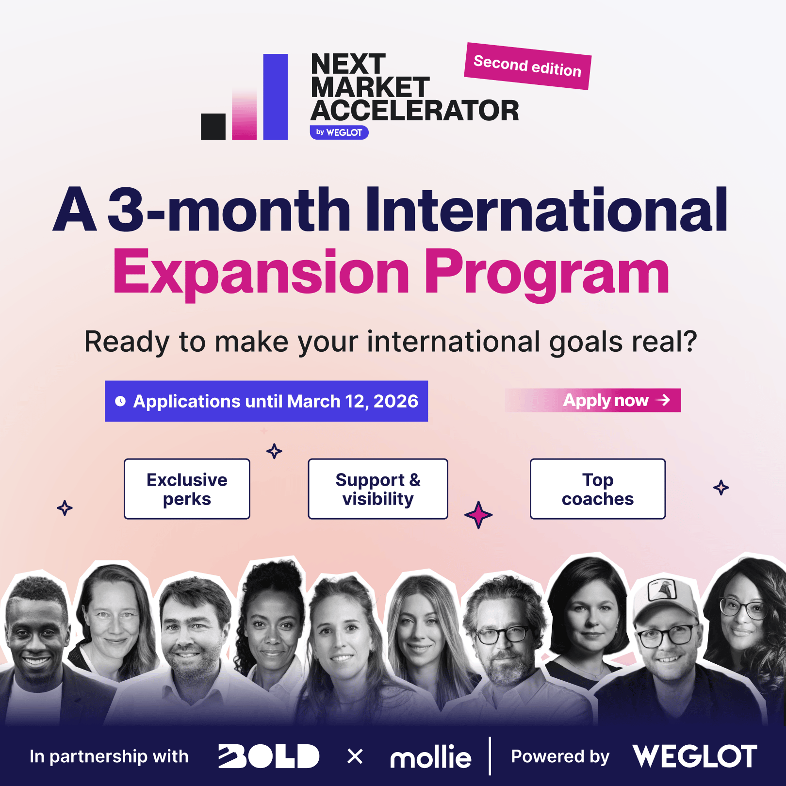 Promotional image for a 3-month international expansion program. Features diverse portraits, bold text, and application details. Energetic and inviting tone.