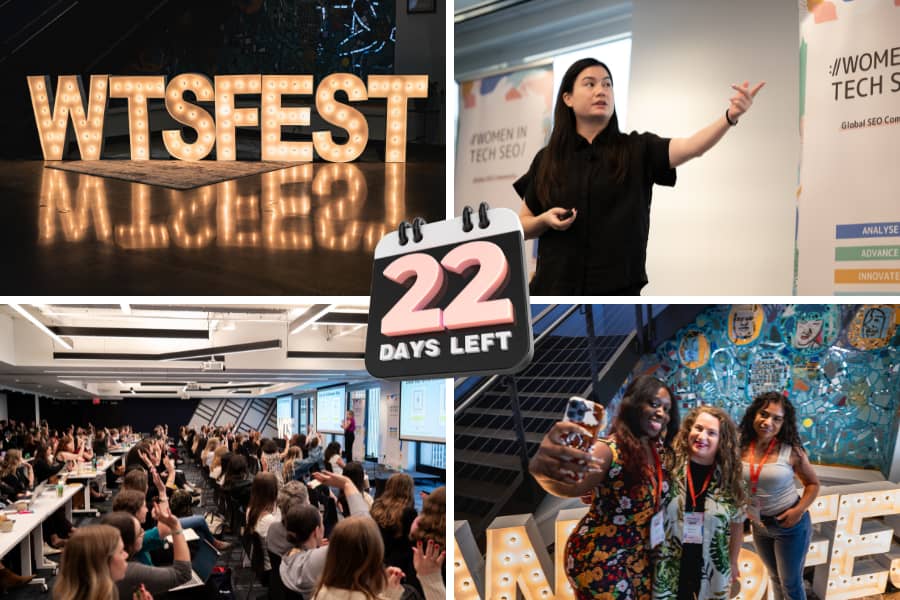 Four-photo collage promoting WTSFest, featuring illuminated WTSFest letters, a speaker presenting on stage, a packed conference audience, and three attendees smiling together for a selfie. A calendar-style graphic in the centre reads "22 days left."