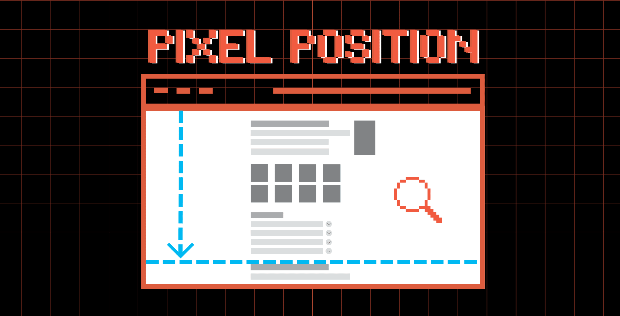 Illustrated graphic labelled “Pixel Position” showing a stylised search results page with highlighted sections, a magnifying glass icon, and measurement guides, representing webpage layout and search result positioning.