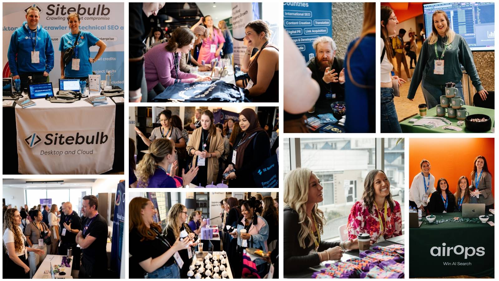 Collage of photos from sponsor booths at the Women in Tech SEO (WTSFest) conference. Sponsors including Sitebulb and AirOps host tables with branded signage, swag, and laptops while engaging with attendees. Conference participants chat with sponsor representatives, watch demos, collect merchandise, and network in a busy event hall. The scenes show diverse groups of people smiling, laughing, and having conversations around sponsor stands and tables throughout the venue.