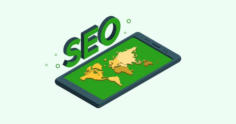 Illustration of a smartphone displaying a world map with large green "SEO" lettering rising from the screen, representing global search engine optimisation.