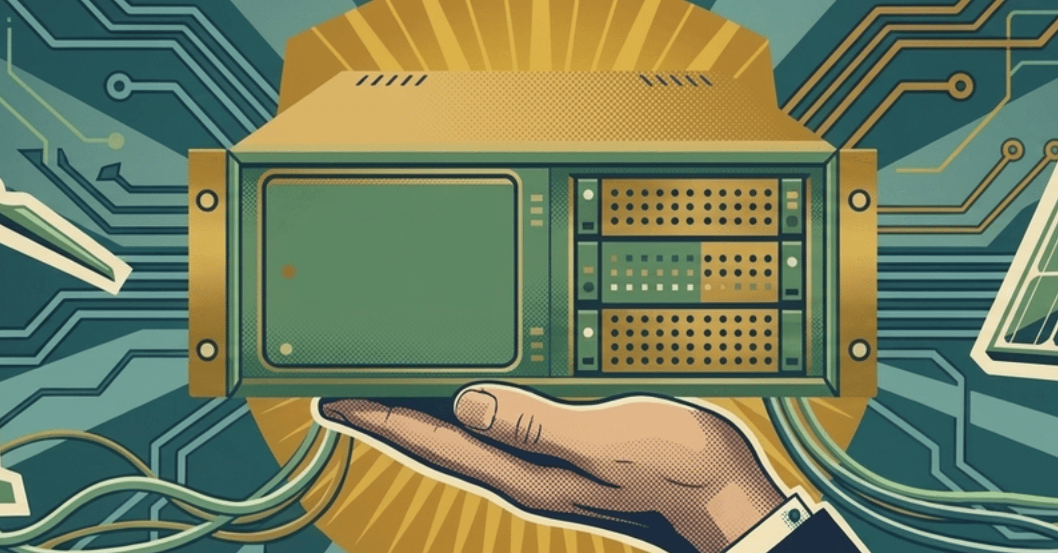 Illustration of a hand holding a vintage-style computer or server device, surrounded by circuit-like patterns and wires. The design uses muted green and gold tones with a retro, tech-inspired aesthetic.