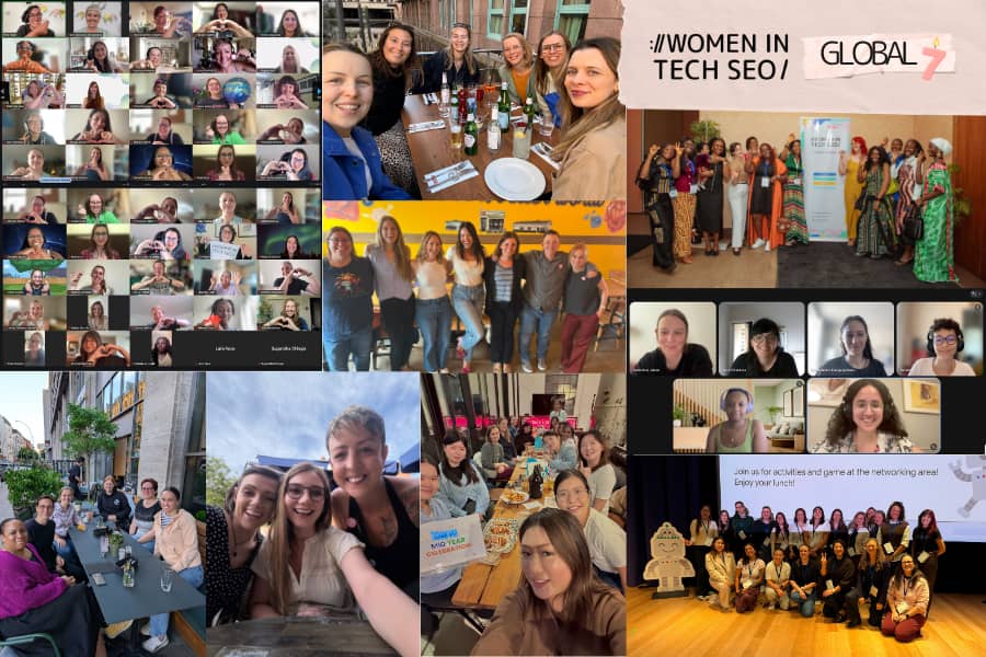 Collage celebrating WTSGlobal and seven years of the Women in Tech SEO community. The images include virtual meetup screenshots, local gathering photos, networking events, group selfies, and conference photos from around the world, highlighting both online and in-person community connections.