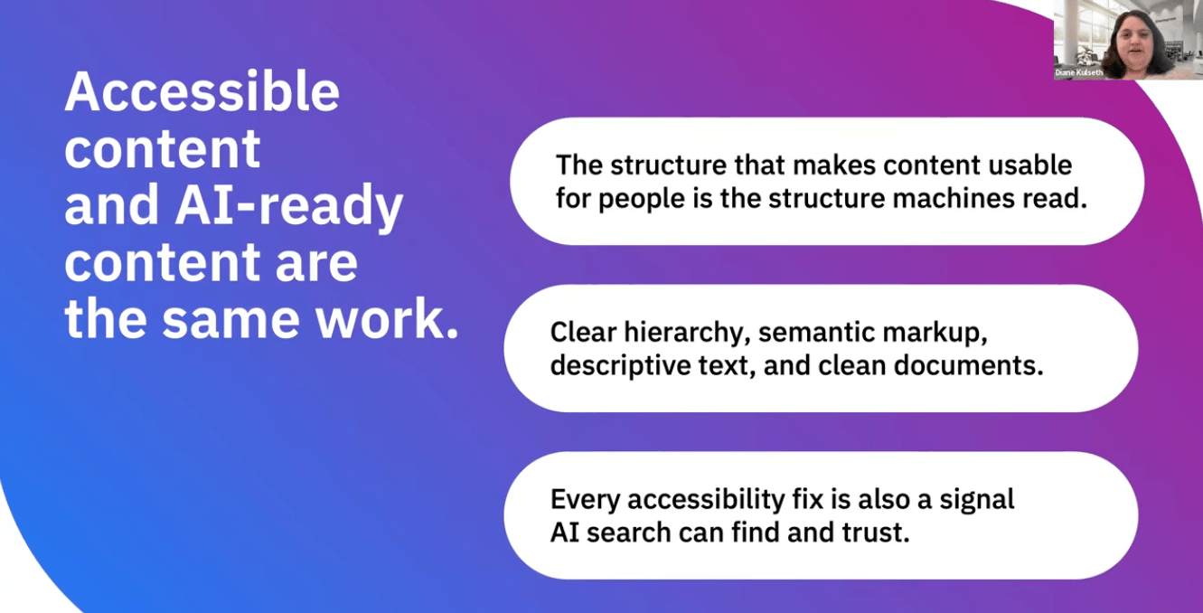 Presentation slide with a blue-to-purple gradient background. Large text reads, “Accessible content and AI-ready content are the same work.” Three white callout boxes explain that clear structure, semantic markup, descriptive text, and clean documents make content usable for people and readable and trustworthy for AI search. A small speaker video tile appears in the top-right corner.