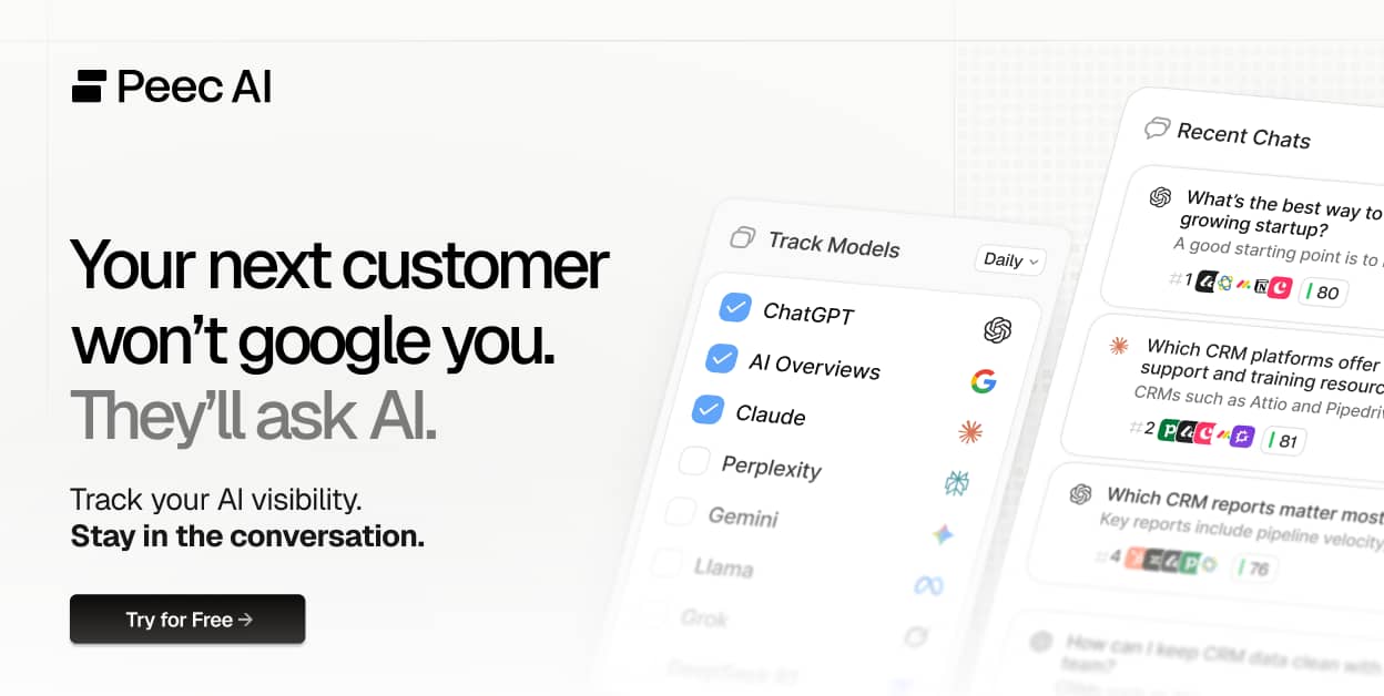 Promotional graphic for Peec AI with the headline “Your next customer won’t google you. They’ll ask AI.” Supporting text encourages tracking AI visibility and staying in the conversation, with a “Try for Free” button. The design includes UI mockups showing tracked models like ChatGPT, Claude, and Google AI Overviews, alongside example AI-generated query results.