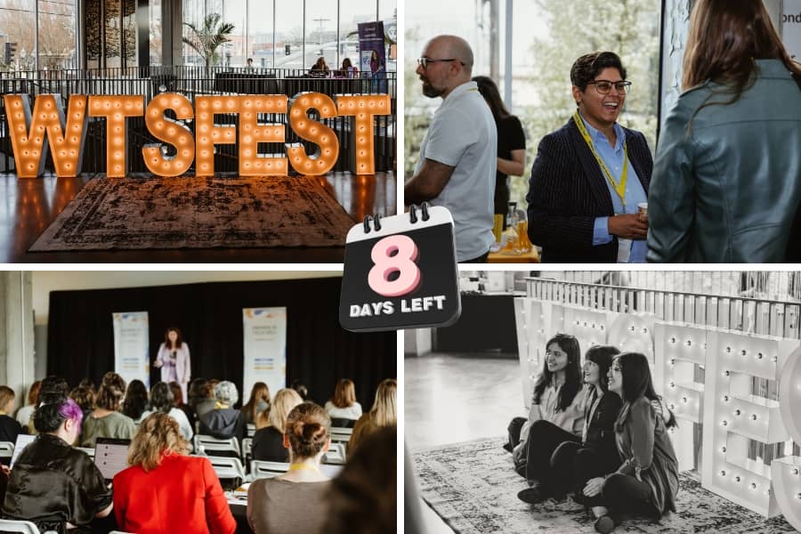 Collage of Women in Tech SEO Festival scenes showing attendees networking, a speaker presenting to an audience, and a large illuminated “WTSFest” sign. In the center, a graphic reads “8 days left,” indicating a countdown to the event.