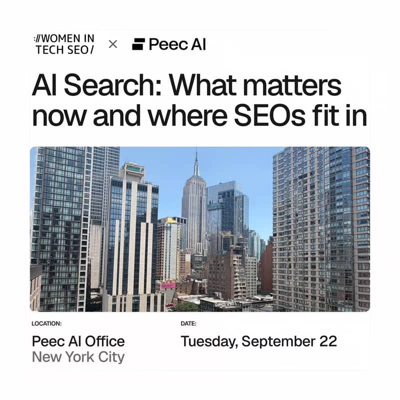 Promotional graphic for an in-person Women in Tech SEO and Peec AI event titled "AI Search: What matters now and where SEOs fit in." A photograph of the New York City skyline appears above the event details, which list the Peec AI office in New York City as the location and Tuesday, September 22 as the date.