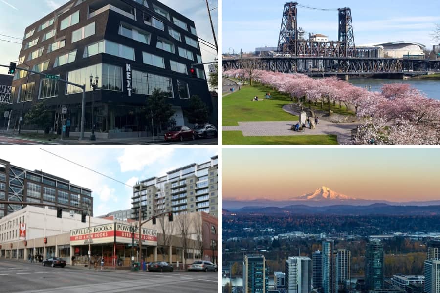 Collage of Portland, Oregon: a modern black building, cherry blossoms by a bridge, Powell's Books store, and a skyline with Mount Hood at sunset.