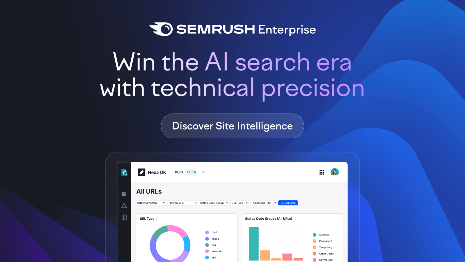 Semrush Enterprise banner with the tagline “Win the AI search era with technical precision.” Below the text is a purple button reading “Discover Site Intelligence.” The background fades from dark navy to deep blue and purple waves. A cropped image of a computer dashboard displays colorful SEO analytics charts labeled “All URLs,” showing pie and bar graphs.