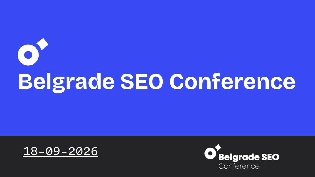 Promotional graphic for the Belgrade SEO Conference. The design features a bold blue background with the conference name in large white text and the event date, 18 September 2026, displayed along the bottom.