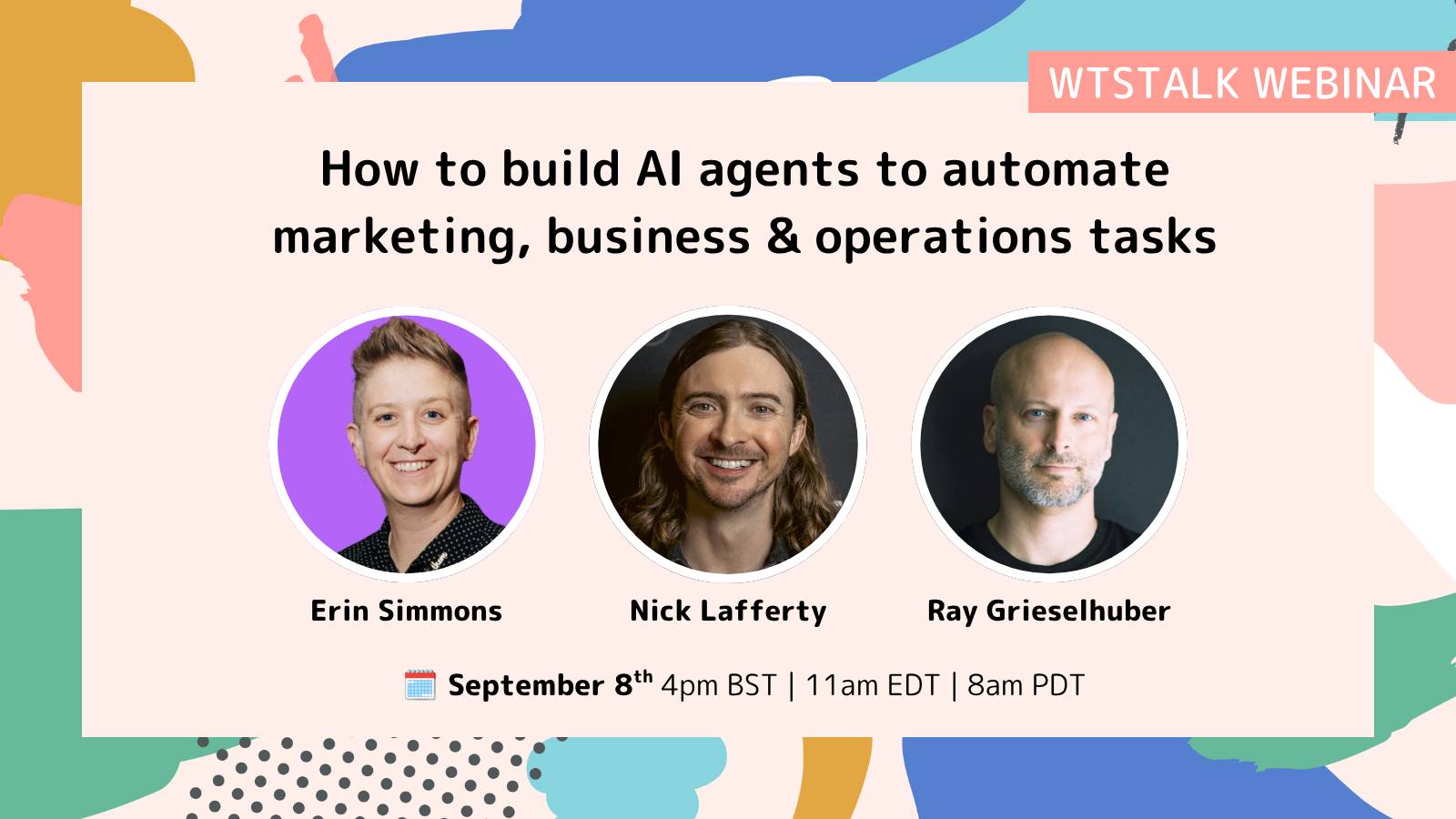 Promotional graphic for a Women in Tech SEO webinar titled “How to build AI agents to automate marketing, business & operations tasks.” It features headshots of Erin Simmons, Nick Lafferty, and Ray Grieselhuber, alongside the webinar date and time.