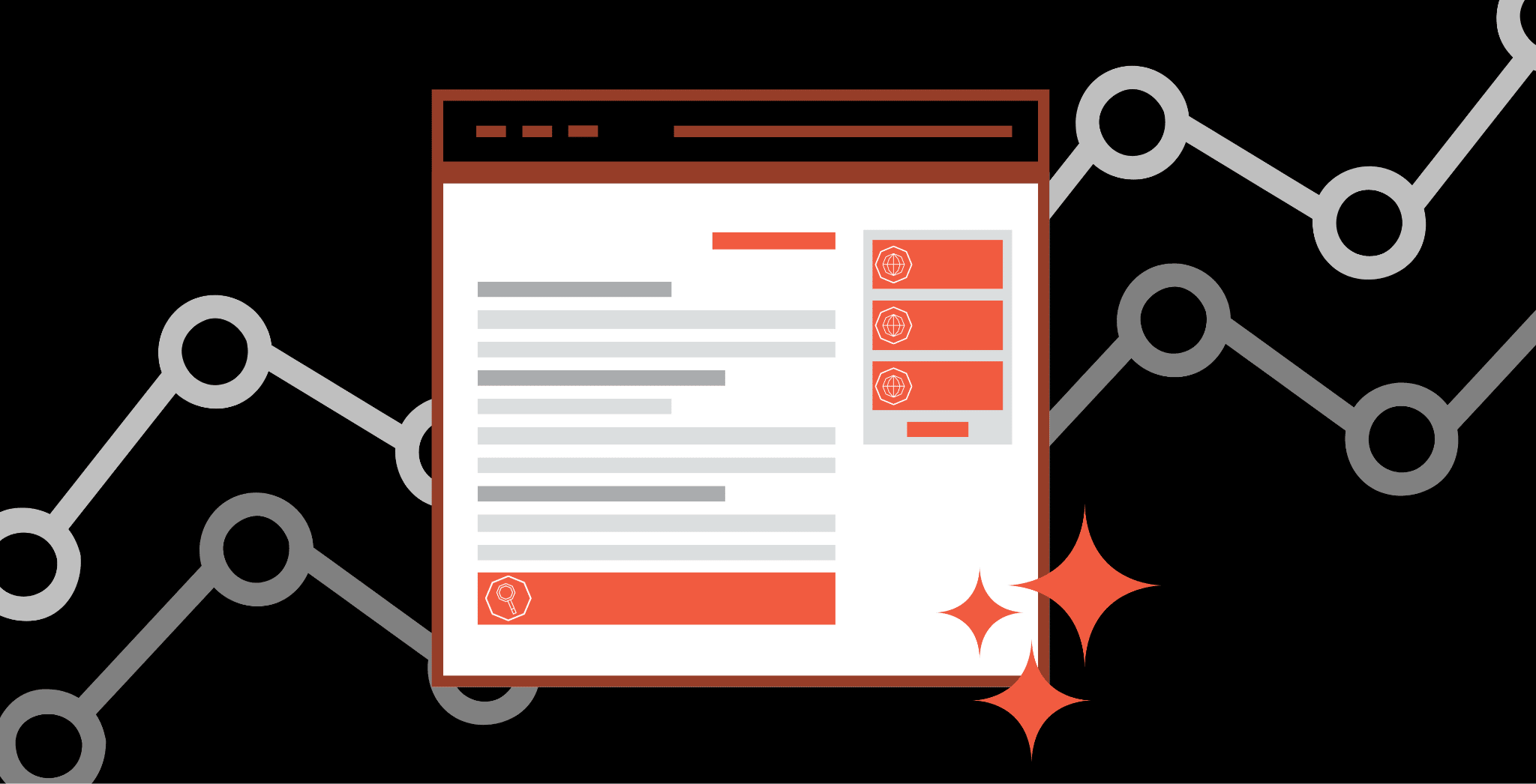Illustrated graphic showing a web browser window over a black background with line graph patterns, accompanied by orange accents and sparkles. The illustration represents AI search measurement and analytics.
