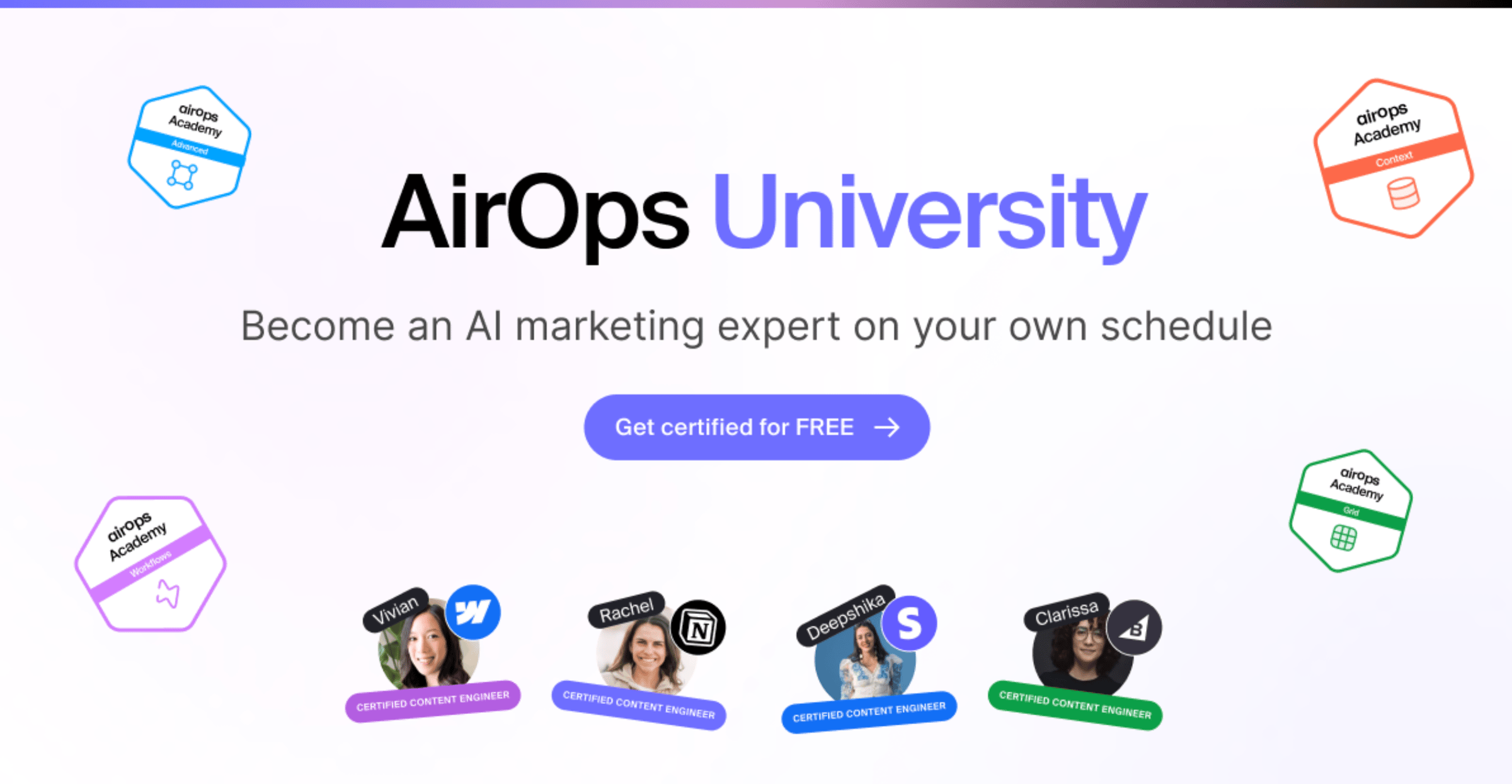 AirOps University promotional image with diverse individuals labeled as certified content engineers. Includes badges, a free certification button, and a tagline: 'Become an AI marketing expert on your own schedule.