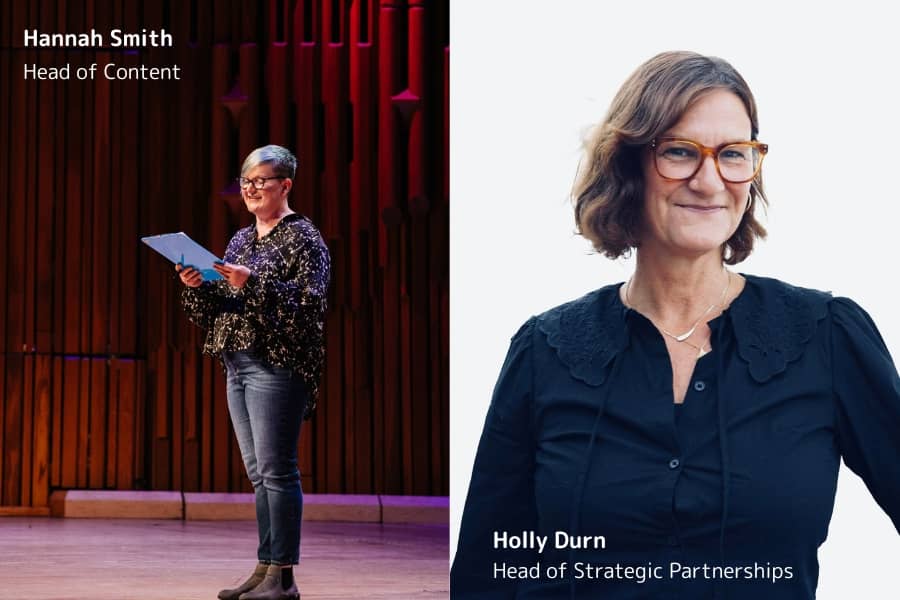 Split image: Left shows a smiling woman with short hair speaking on stage, holding a blue folder (Hannah). Right shows a smiling woman with glasses against a white background (Holly).