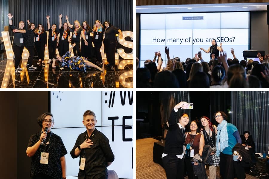 A collage of four photos from a conference. Top left: a group poses joyfully on stage with lit-up letters. Top right: an audience raises hands to "How many of you are SEOs?" Bottom left: two speakers stand with microphones, smiling. Bottom right: four people take a cheerful selfie together.