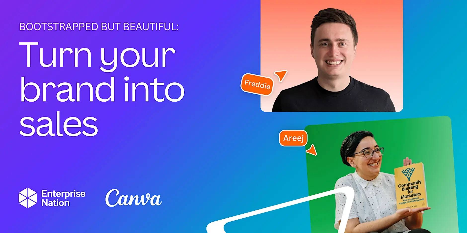 Promotional graphic with a gradient background reading “Bootstrapped but Beautiful: Turn your brand into sales.” It features two speakers labeled Freddie and Areej, with Areej holding a book. Logos for Enterprise Nation and Canva appear at the bottom.