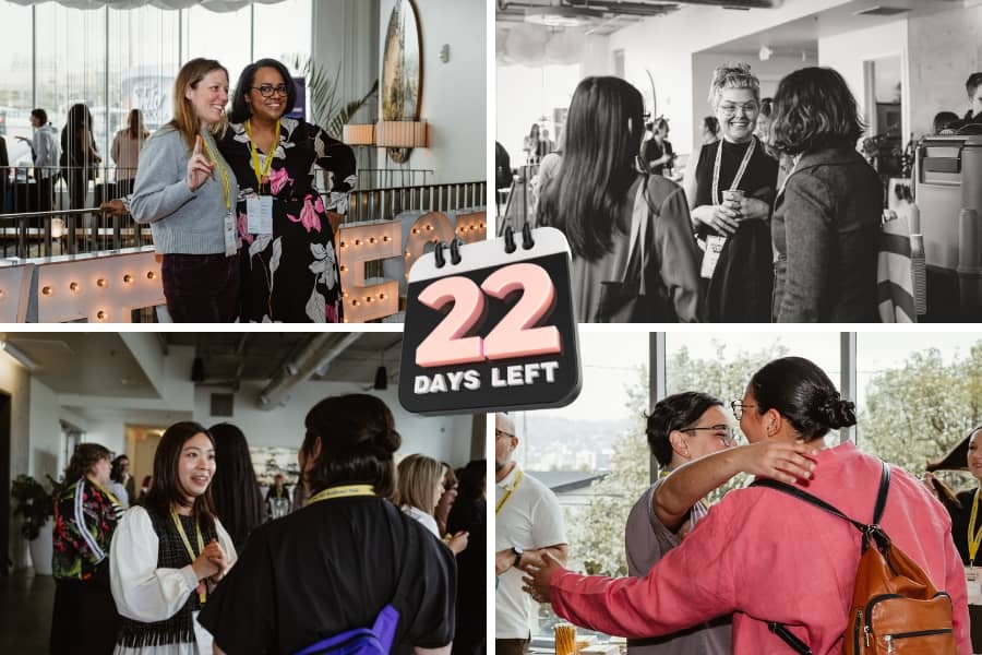 Collage of conference scenes showing attendees networking, chatting in small groups, and greeting each other. In the center, a graphic reads “22 days left,” indicating a countdown to the event.