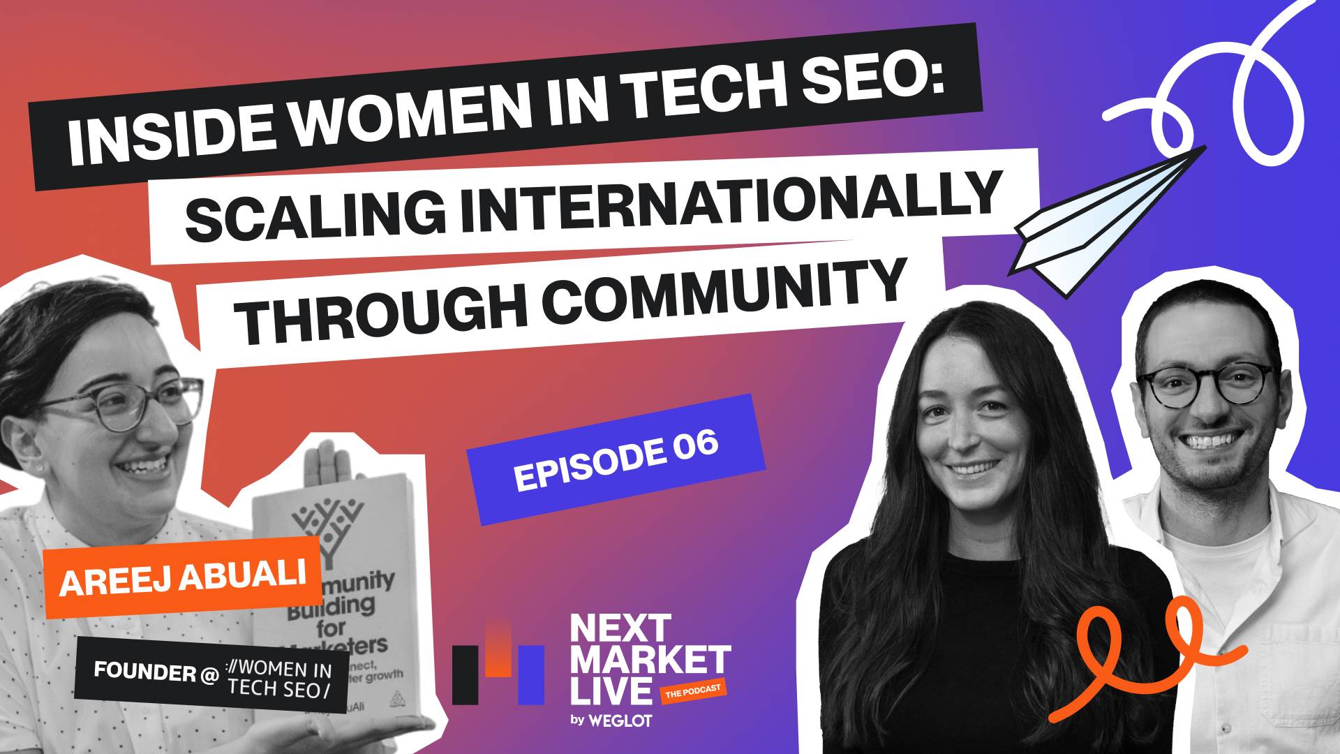 Podcast thumbnail reading “Inside Women in Tech SEO: Scaling Internationally Through Community,” featuring Areej AbuAli alongside the two Next Market Live hosts. Episode 6 of the Weglot podcast.