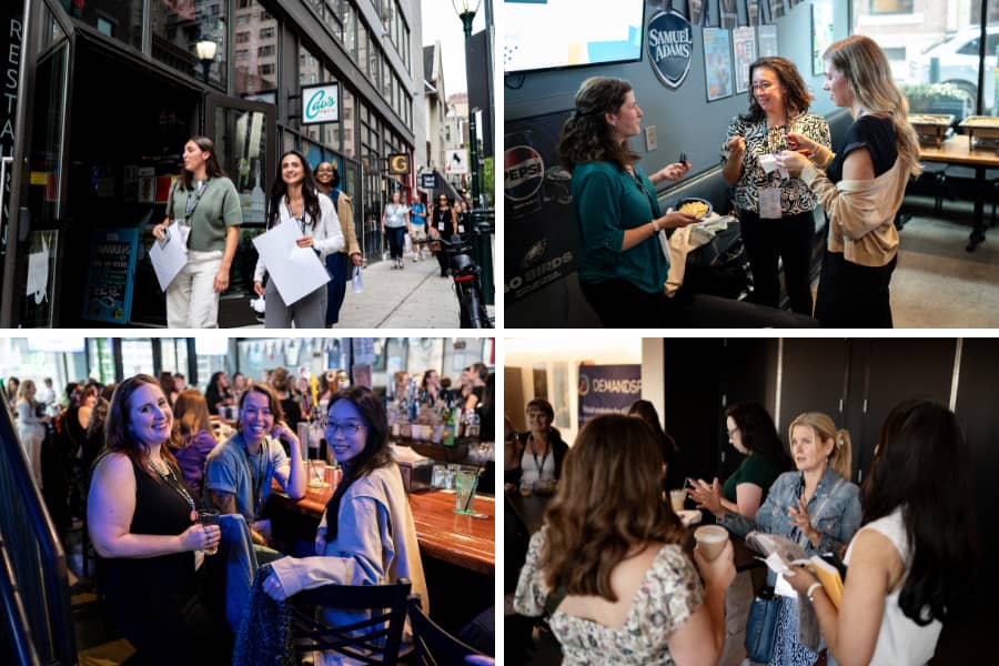 Collage of photos from a Women in Tech SEO networking event. The images show attendees walking together outside, chatting in small groups indoors, gathering around a bar, and taking part in informal discussions, highlighting the social and community-focused atmosphere of the event.