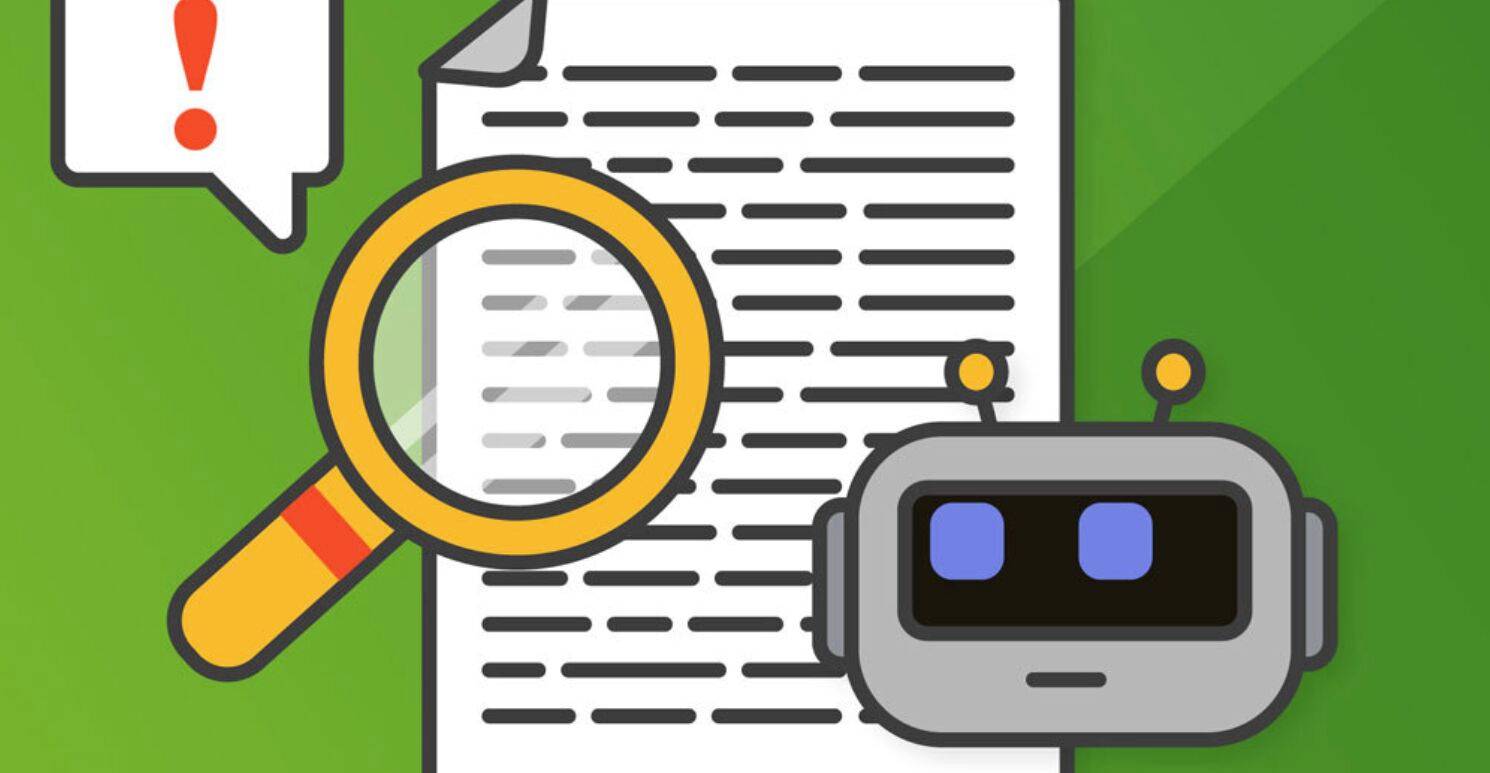 A robot and magnifying glass hover over a document with an exclamation mark in a speech bubble. The green background suggests analysis or review.