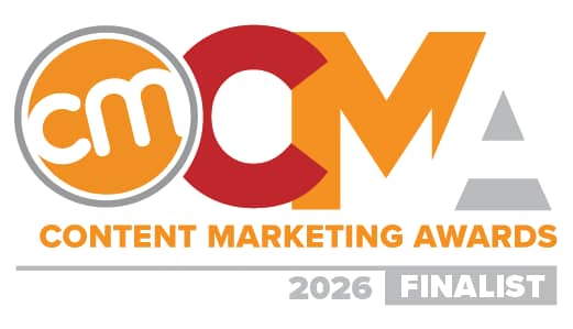 Content Marketing Awards graphic announcing a 2026 Finalist recognition. The design features the CMA logo in orange, red, and grey with the text “Content Marketing Awards – 2026 Finalist” on a white background.