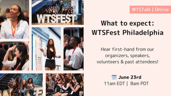Promotional graphic for a Women in Tech SEO online session titled “What to expect: WTSFest Philadelphia.” The graphic features a collage of conference photos showing attendees networking, presenting, and participating in event activities. The session invites attendees to hear from organisers, speakers, volunteers, and past attendees, with event details listed as June 23rd at 11am EDT and 8am PDT.