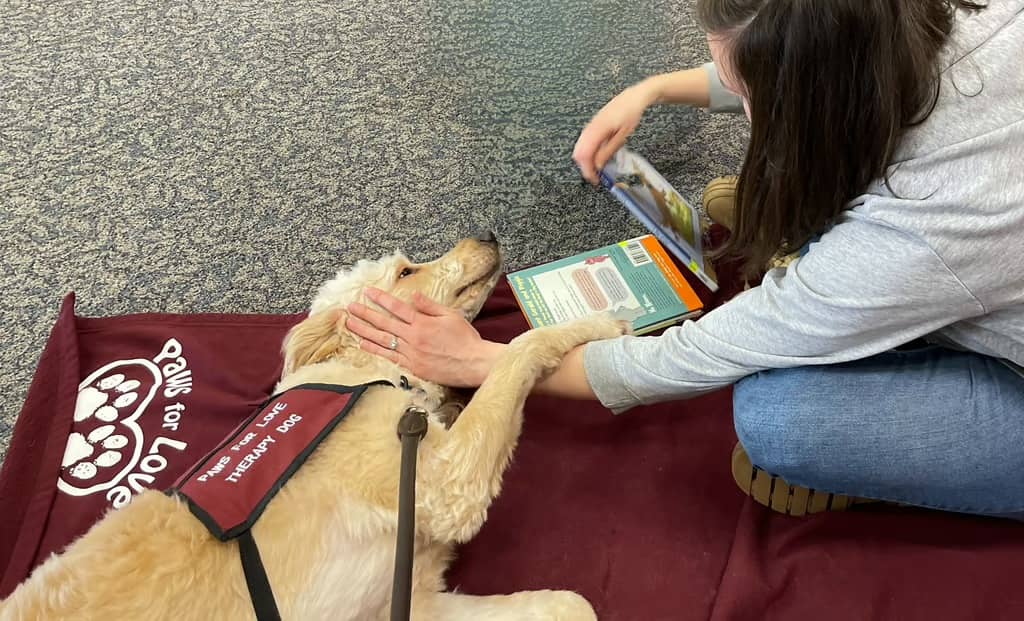 A person sitting on the floor pets a light-colored therapy dog lying on a red mat. The dog is wearing a vest labeled “Therapy Dog,” and a children’s book is open nearby as the person reads while gently holding the dog’s paw.