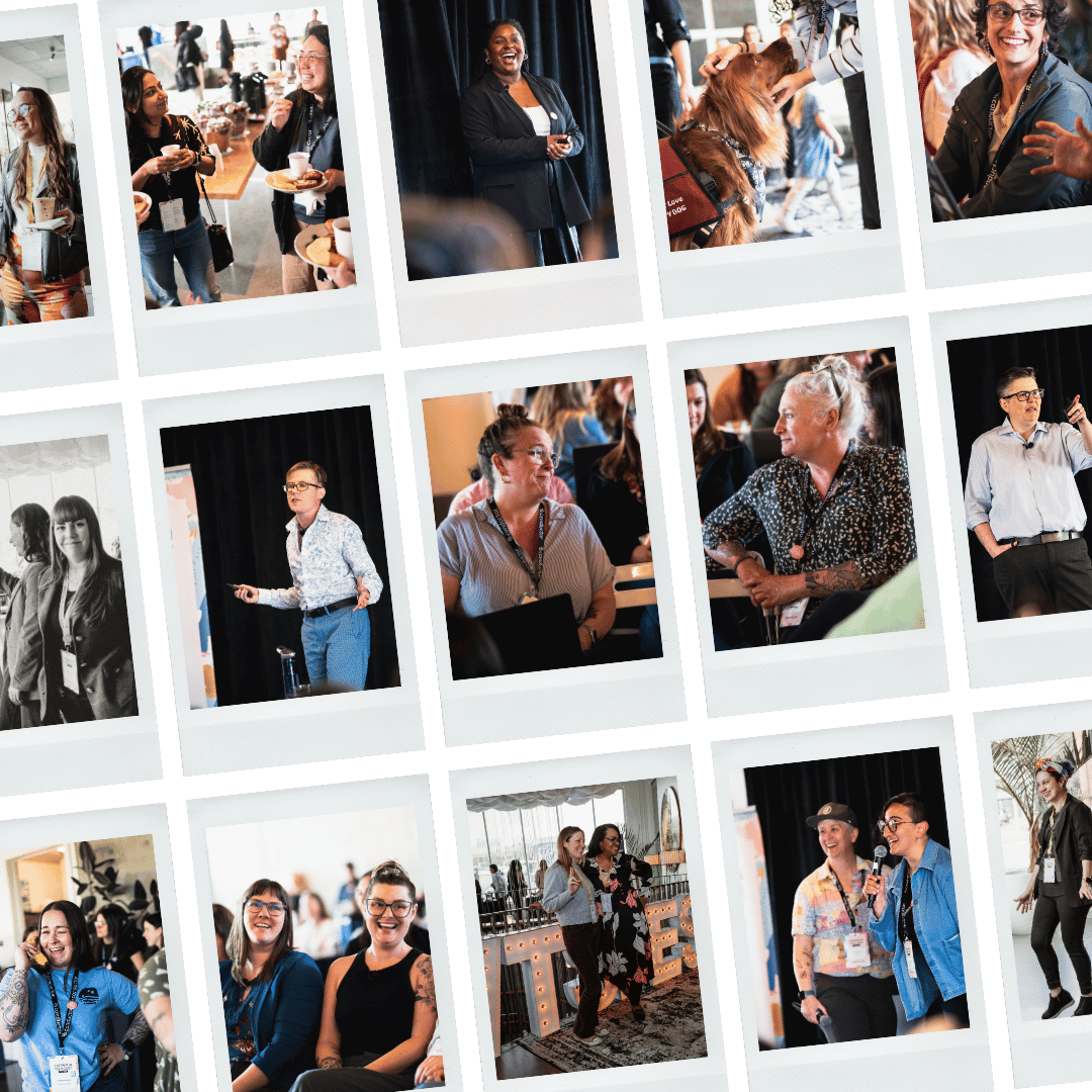 Collage of Polaroid-style photographs from WTSFest Portland, arranged diagonally on a black background. Photos capture speakers presenting on stage, attendees networking, smiling for photos and sharing conversations, reflecting the event’s welcoming and collaborative atmosphere.