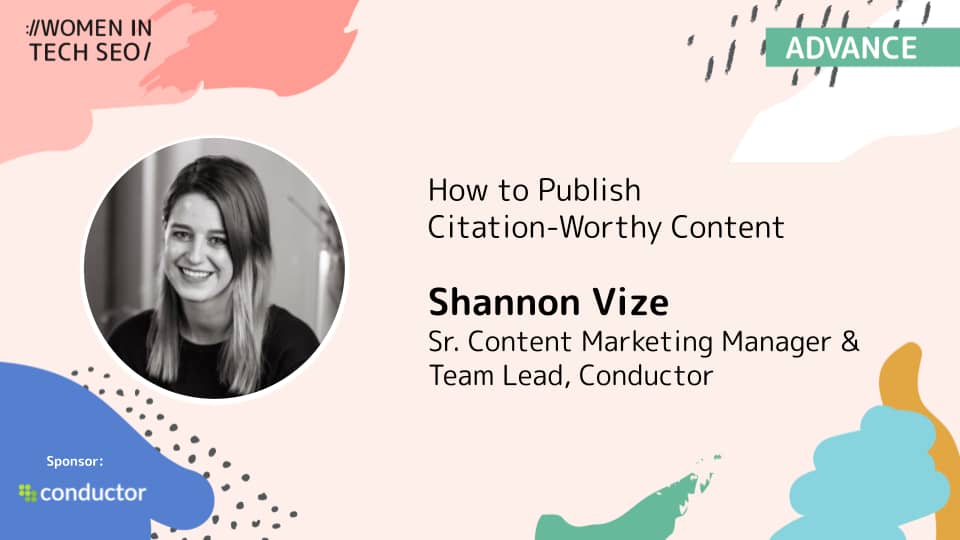 Promotional graphic for WTSFest Philadelphia highlighting Shannon Vize, Senior Content Marketing Manager & Team Lead at Conductor. Her Advance track talk is titled "How to Publish Citation-Worthy Content." Conductor is shown as the session sponsor.
