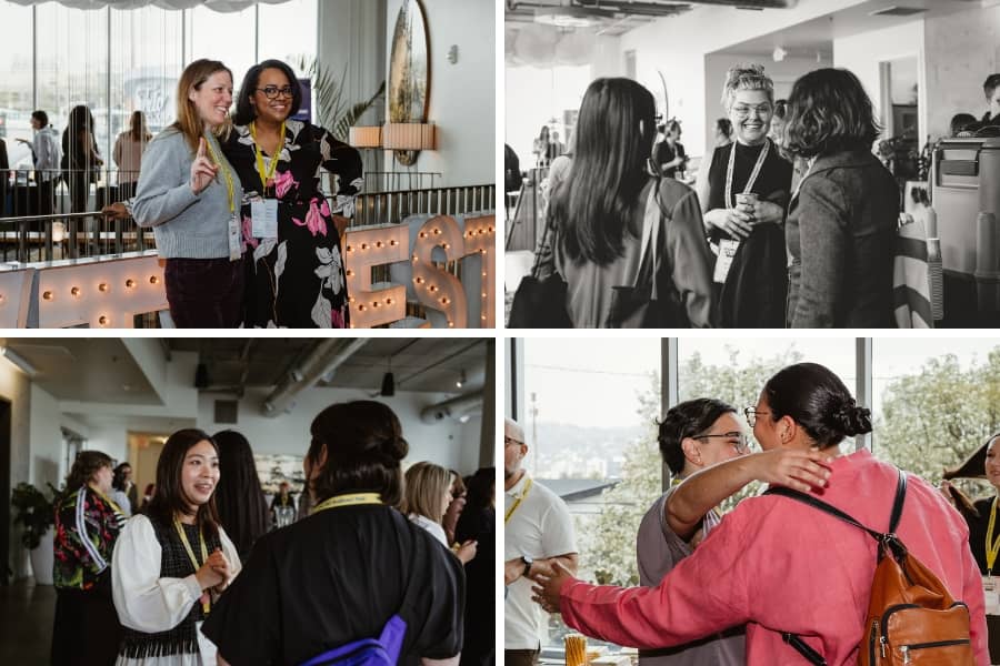 Four photos showing attendees networking at a conference. People wearing event lanyards chat, pose for photos, and greet each other in a bright indoor venue, with one image showing two people hugging and others showing small groups talking and smiling.