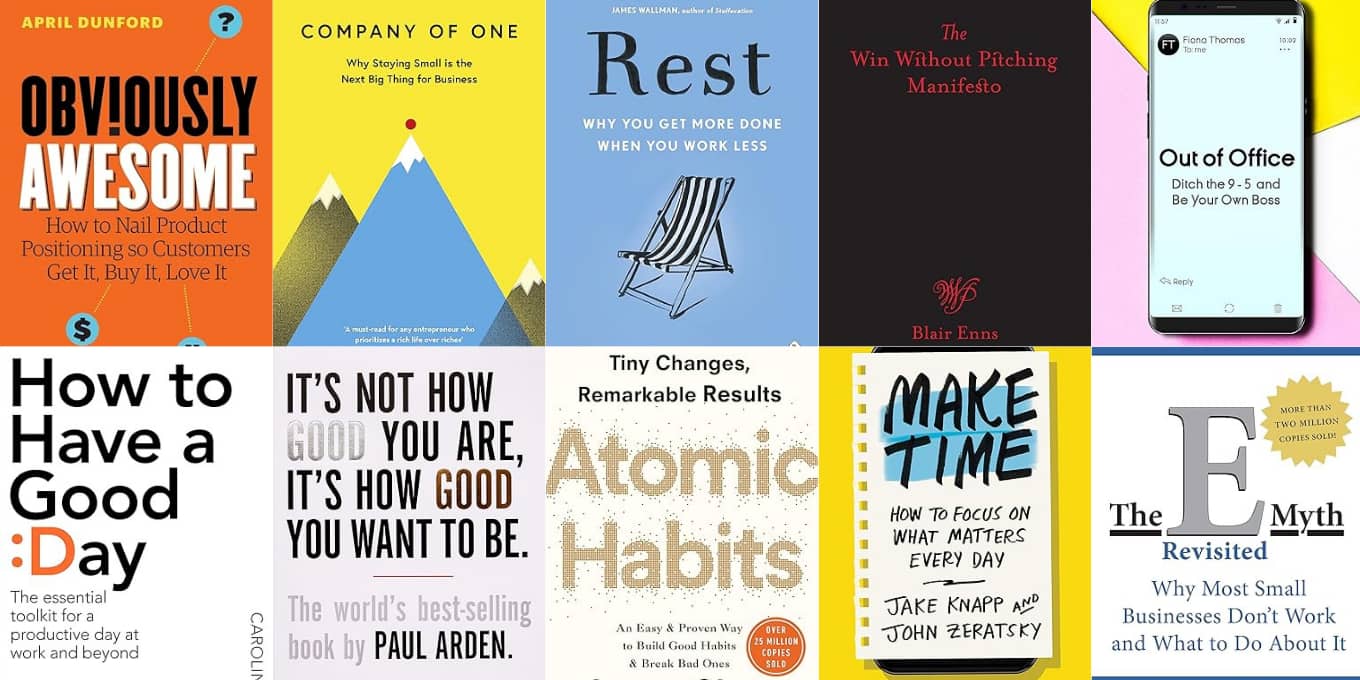 Collage of ten business and self-help book covers, featuring bold titles and varied colors. Themes focus on productivity, entrepreneurship, and personal growth.