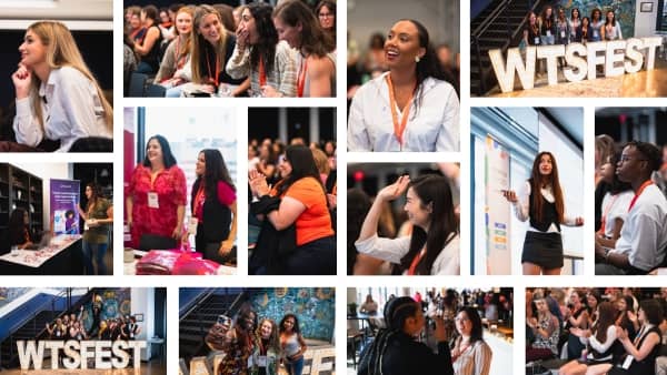 Photo collage from WTSFest showing attendees, speakers, and community members at the event, including people networking, watching talks, presenting on stage, and posing near large WTSFest signage.