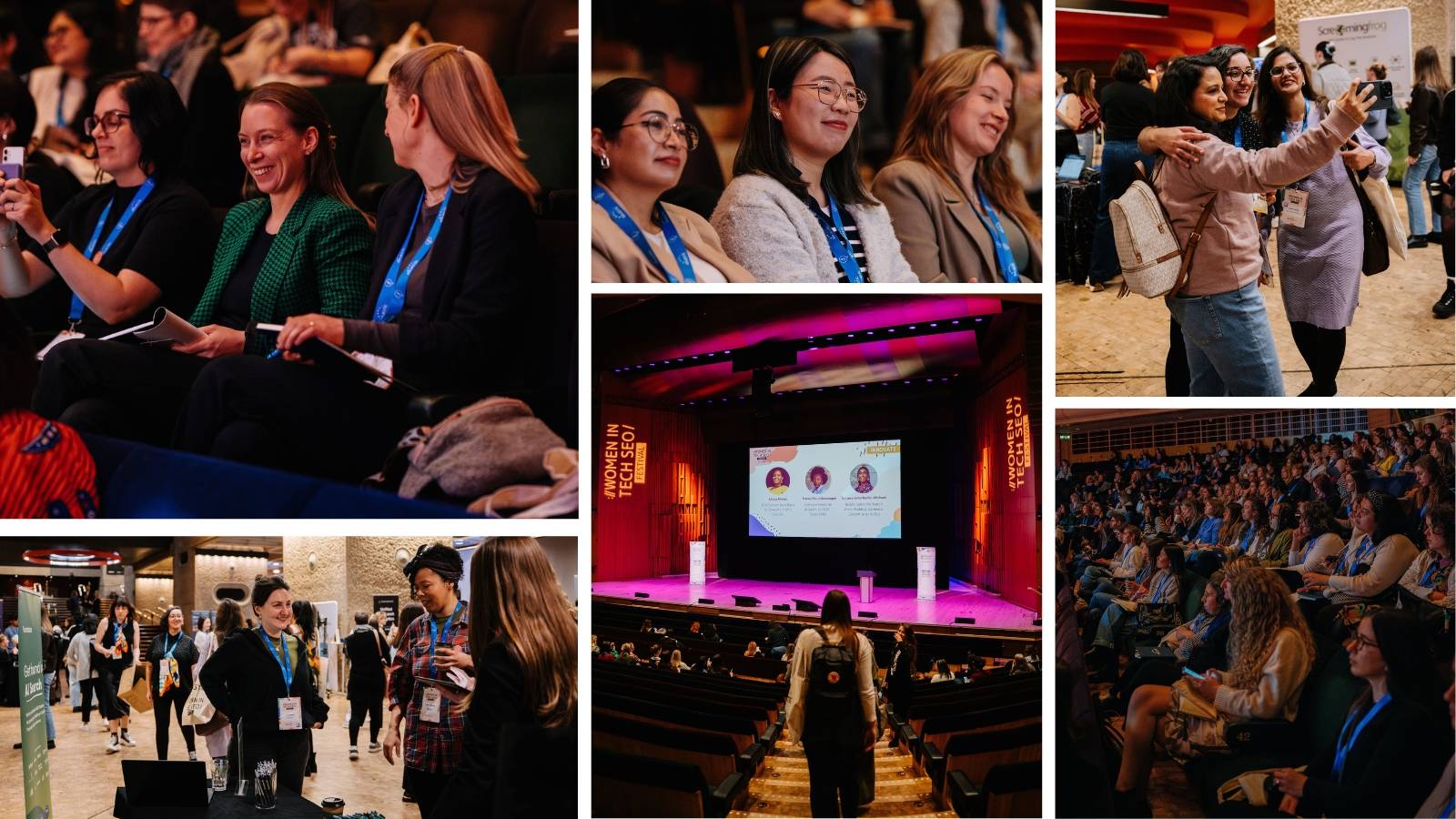 Collage of moments from the Women in Tech SEO (WTSFest) London conference. Attendees sit together in the theatre audience smiling and chatting before talks, take selfies with new connections, and network in the event hall. Other images show the large auditorium stage with WTS branding during a presentation and a full audience listening to speakers, capturing the lively and collaborative atmosphere of the conference.