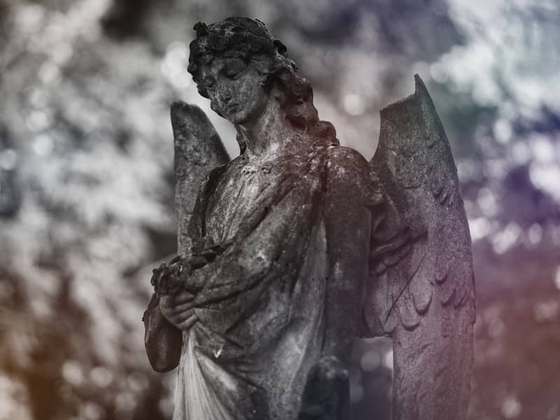 Stone angel statue with weathered wings and textured surface.