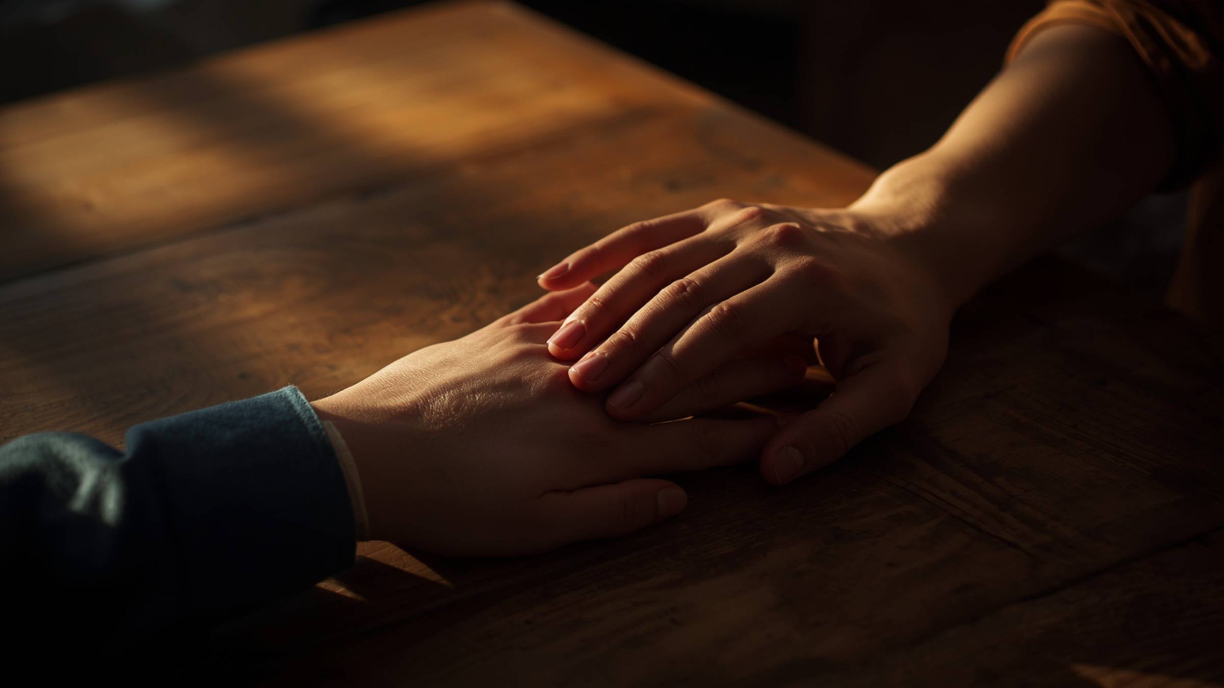 Soft evening light illuminating a caregiver's hand near a senior's hand, symbolizing supportive presence during sundowning.