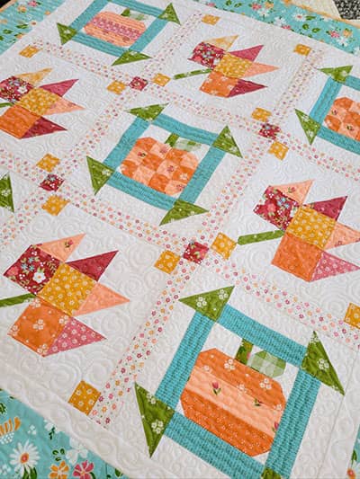 Pumpkin and leaf small quilt in bright fall colors
