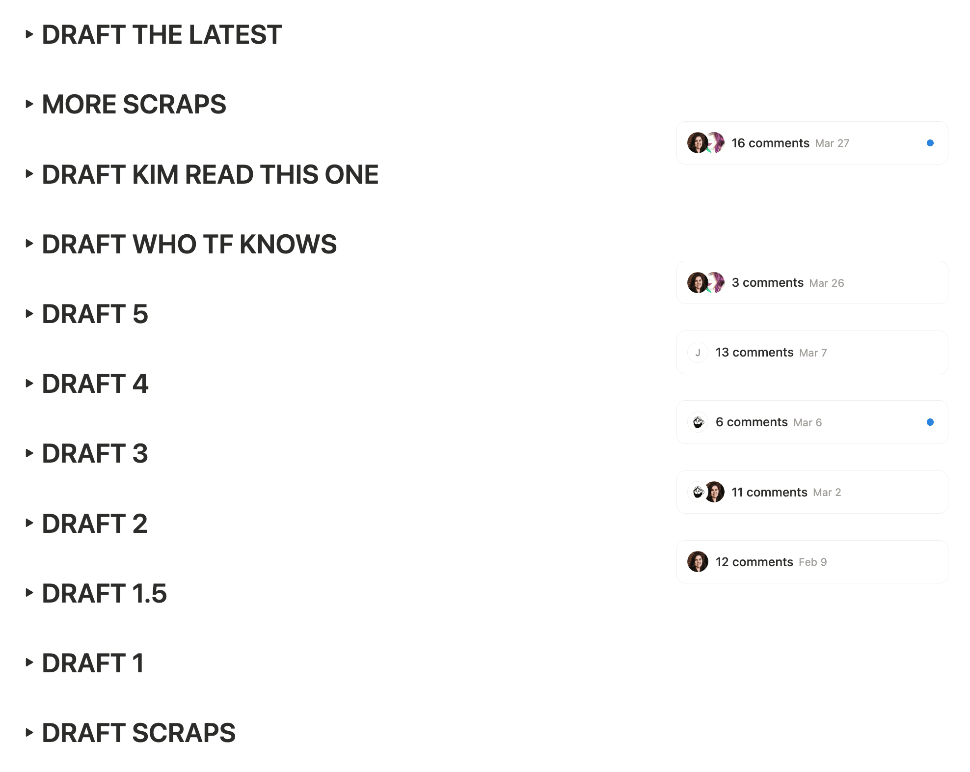 Draft The Latest, Draft Kim Read This One, Draft Who TF Knows, Draft 5, Draft 4, Draft 3, Draft 2, Draft 1, Draft Scraps