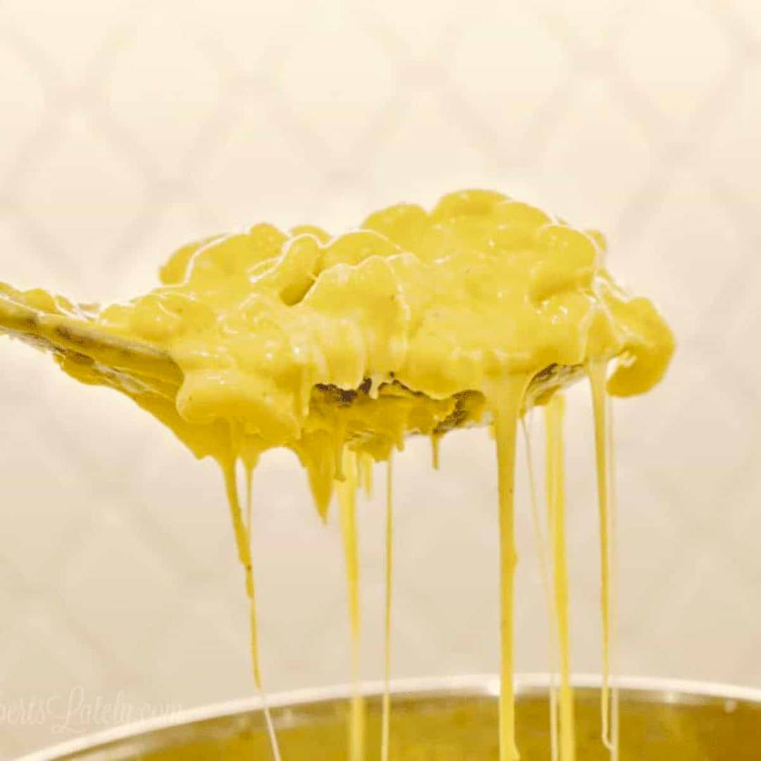 holding a spoonful of mac and cheese above an instant pot.