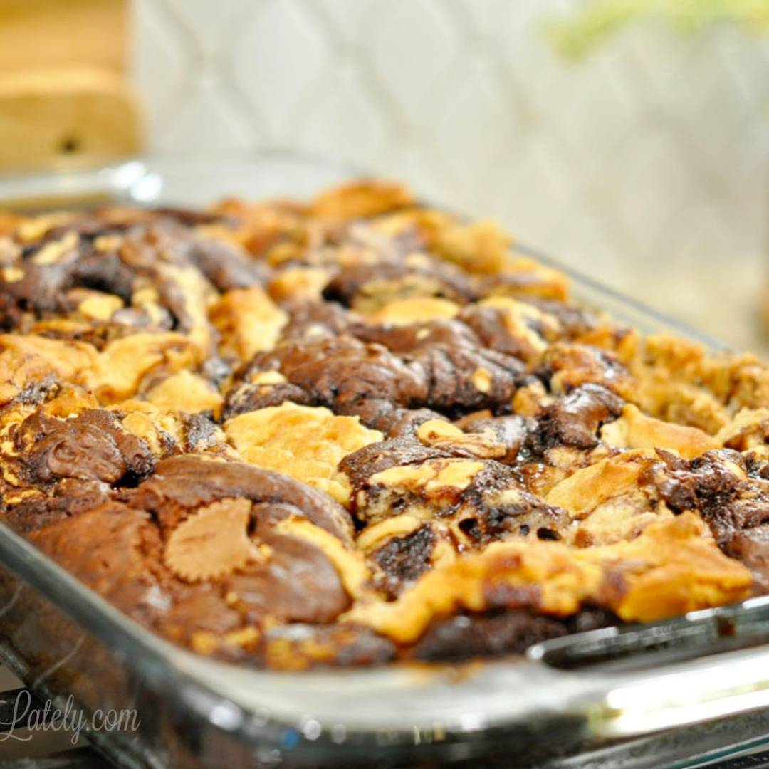 peanut butter and chocolate swirled in a baked cake.