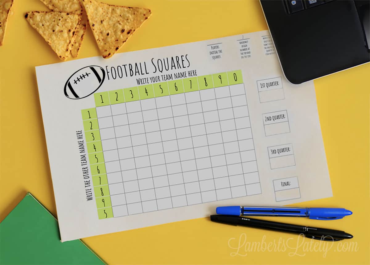 football squares printable next to office supplies, chips.